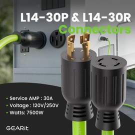 GEARit 30-Amp Generator Extension Cord, 120/250-Volt, 4-Prong, 7500W, NEMA L14-30P/L L14-30R, 10 Gauge SJTW Locking Power Cord for Manual Transfer Switch, Portable Generators, Power, 40 Feet, Green