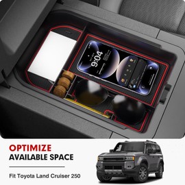 Autorder Center Console Organizer for 2024-2026 Toyota Land Cruiser 250 Prado J250 LC250 Accessories Armrest Storage Box Secondary Insert Tray with with Black & Red Silicone Mats(Not for Cool Box)