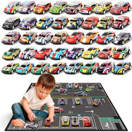 Veluoess Mini Pull Back Car Toy, 40 Pieces Racing Cars Toy Set with Play Mat Friction Powered Cars for Kids Foldable Storage Bag Vehicles Set for Boys and Girls 3 4 5 6 Years Old