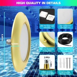 HUSUKU 5.8Inch LED Inground Pool Light 50FT- Gold-Plating 60W 6000LM Waterproof Pool Lights for Inground Pools, 12V Color Changing Underwater Swimming Pool Light Fixture (1/2NPT Thread, No Controller)