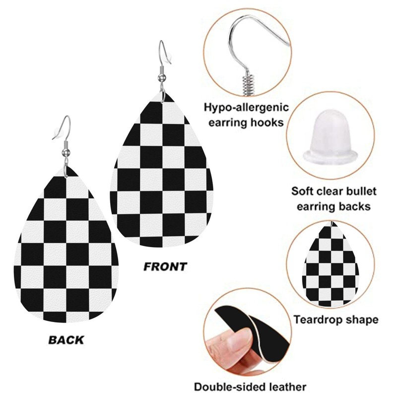Checkerboard Chess Board Flag Faux Leather Teardrop Earrings for Women