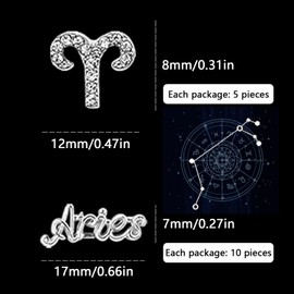 MOLILON 15pcs 3D Silver Aries Nail Charms 5pcs Zodiac Signs and 10pcs Zodiac Letter Nail Studs Rhinestones Crystal Alloy Twelve Constellation Charms for DIY Crafts Jewelry Decoration Nail Supplies