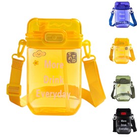 FGVOPJM Kawaii Water Bottle Kids with Stickers,BPA-Free Portable Leakproof Cute Water Bottle with Straw and Strap,Flat Drinking Water Bottles for Girls School Travel (Yellow)