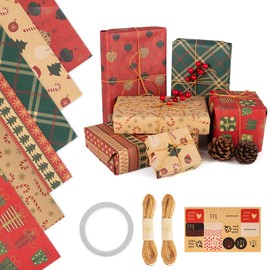 6 Sheets Christmas Wrapping Paper 70x50cm Large Recycled Brown Xmas Wrapping Paper Sheets, Kraft Gift Wrapping Paper for Christmas Kids Adult Gifts Crafts Wrapping Paper with Rope and Tags
