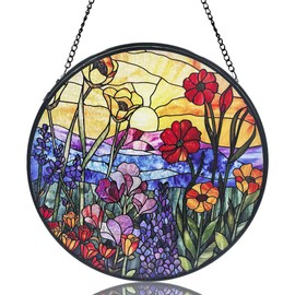 Wildflowers Sun Catcher RVEAFA Stained Glass Window Hanging Plant Lover Gifts for Women Wildflowers Wall Decor, 9.8 inch