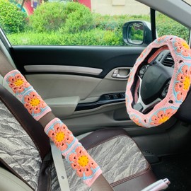 OnEternal Handmade Crochet Steering Wheel Cover Sakura Pink Galsang Flower Seat Belt Cover, Car Interior Accessories Decorations. (Steering Wheel Cover + 2 Seat Belt Cover)