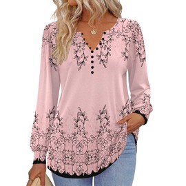 Zeagoo Button Up Tops for Women Pink Floral V Neck Tee Ladies 2025 Long Sleeve Spring Shirts Loose Fit Dressy Blouse,XXL