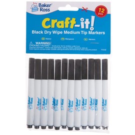 Baker Ross FX332 Erasable Pens Black Dry Wipe Markers for Teachers & School Whiteboards, Line width 2mm, Black, Pack of 12, Pieces