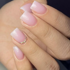 Square Press on Nails Short French Nude Fake Nails Glossy Reusable Glue on Nails with Rhinestones Designs Natural Artificial Acrylic False Nails Full Cover Stick on Nails for Women Static Nails 24pcs