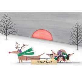 Lynch 12 Christmas Cards: Dachshund Family Takes Holiday sled Ride Folk Art
