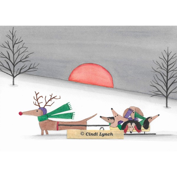 Lynch 12 Christmas Cards: Dachshund Family Takes Holiday sled Ride