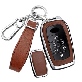SANRILY PU Leather+Zinc Alloy 3/4/5/6 Button Key Fob Cover Fit for Toyota Land Cruiser 2023 2022 Venza RAV4 Prime Hilux Fortuner Tundra Corolla Sequoia Keyless with Leather Keychain Silver-brown