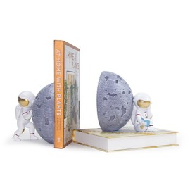 Banllis Heavy Duty Astronaut Bookends, Space-Themed Book Ends for Kids Room & Nursery Decor, Gray Moon Book Stoppers to Hold Books, Decorative Bookends for Shelves, Ideal for Boys and Girls