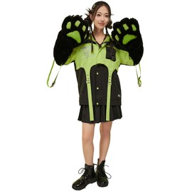 Micotaku Women's Motorcycle Cat Hooded Crop Top and Skirt with Straps and Detachable Furry Paw Gloves Outfit (US, Alpha, Large, Regular, Regular)