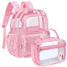 Bagseri Clear Backpack for Girls - 15 Inch Kids Clear Backpack with Clear Lunch Bag Heavy Duty Clear Bookbag for School See Through Transparent Backpack for Kids Aged 3 to 7, Pink Unicorn