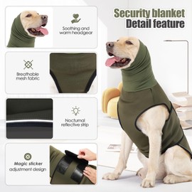 Lelepet Dog Anxiety Jacket Calming Coat with Dog Ear Wrap, Turtleneck Dog Calming Hoodie for Thunder Fireworks, Comfy Dog Soothing Shirt with Ear Muffs Hood, Dog Anxiety Relief Vest, Army Green L