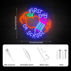 AUGELRE First Day Of School Neon Sign, Dimmables Neon Signs For Wall Decor, Light Up Signs for Reading Room Classroom Library Decoration Bookish Decor Gifts