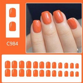 Short Fake Nails Square Press On Nails Orange False Nails With Solid Color Design Full Cover Stick On Nails Acrylic Artificial Nails Reusable Glossy Glue On Nails For Women Manicure Art 24pcs