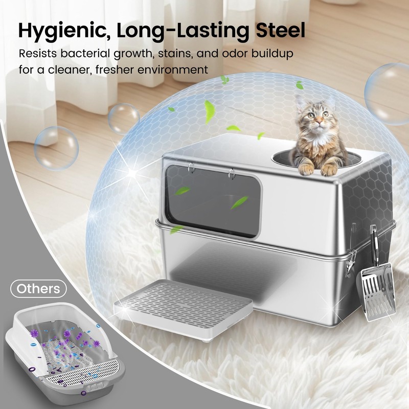 Aothey Stainless Steel Litter Box with Lid, Enclosed Metal with