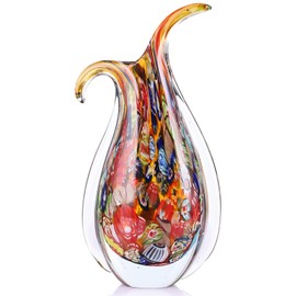 GrivSheen Hand Blown Glass Vase for Centerpiece, Murano Style Table Decoration, Red Blown Art Glass Ellipse Flower Vase, Single Stem Beautiful Decor for Home, Beachy Room Decor for Home Shelf