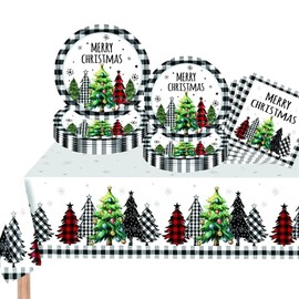 Yontree 41PCS Christmas Party Tableware Set Christmas Tablecloth Christmas Plates Napkins Xmas Dinnerware Christmas Party Supplies(10 Guests), Christmas Tree Pattern