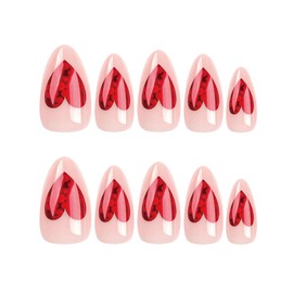 SINHOT Heart Press on Nails Medium Almond Fake Nails Valentines Day Nails Glossy Glue on Nails Stiletto Acrylic Nails Red Glitter Heart Arificial Nails Stick on False Nails with Design 24 pcs