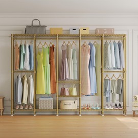 Higeego H5 Large Wire Garment Rack, Heavy Duty Clothes Racks, Large Wardrobe Closet, Freestanding Closet Rack for Hanging Clothes, Clothing Racks with Adjustable Shelf, 93.3" Lx15.7 Wx75.4 H, Gold