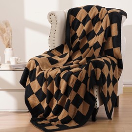 PHF Checkered Throw Blanket for Couch, Soft Knit Fluffy Checkerboard Fleece Blanket, Cozy Lightweight for Bed Sofa, Black Brown, 50" x 60"