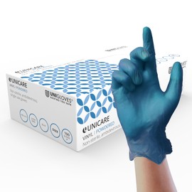 Unigloves Unicare Blue Vinyl Single Use Gloves - Multipurpose, Lightly Powdered, Latex Free, Disposable Gloves - Box of 100 Gloves, Blue, Small (GS0092)