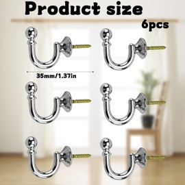 Tie Back Hooks for Curtains, 6 Pack U-Shaped Heavy Duty Metal Curtain Tieback Hooks, Ball End Curtain Holders, Screw-in Hooks Silver Curtain Tie Back Wall Fixings for Keys Clothes Coat Hanger