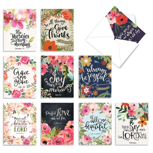 10 Religious Watercolor Note Cards with Envelopes - All-occasion 'Blessings' Bible Verse Blank Greeting Cards - Floral Painted for Holidays, Thank You, Baby - Notecard Set 4 x 5.12 inch M6634OCBsl