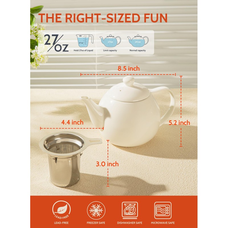 Sweese Teapots for Tea, 27 oz Porcelain Tea pot with