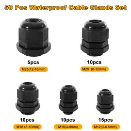 Sheryl&Rain 50 Pcs Waterproof Cable Glands M12, M16, M18, M20, M25, IP68 Adjustable 3-16mm Cable Connectors, Nylon Cable Gland, Wire Connector, Wire Protector (Black)