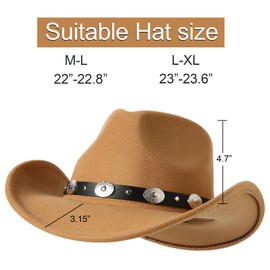 Lanzom Women Men Felt Wide Brim Western Cowboy Hats Belt Buckle Panama Hat(Camel, Medium)