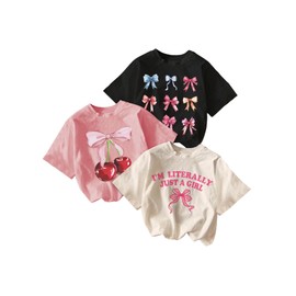 RoseSeek Girl's Bow Cherry Graphic Tees Short Sleeve Crewneck Cute T Shirts Tops for Teens Summer Tops Beige Pink Black 11 Years