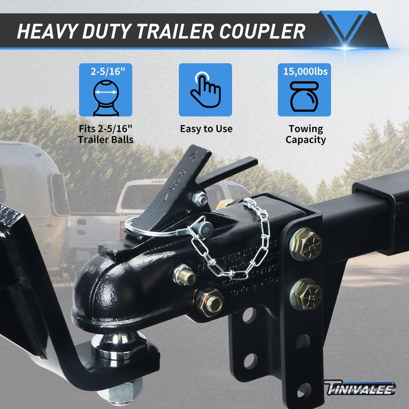 Tinivalee 2-5/16" Adjustable Trailer Coupler Heavy Duty Channel-Mount, Capacity 15000LBS