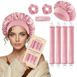 Juego de rulos sin calor para rizos nocturnos: 4 rulos jumbo de terciopelo con gorro de ducha, varillas flexibles que no dañan el cabello para lograr 