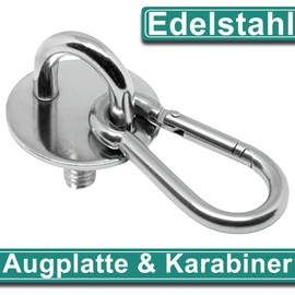 PRIOstahl Ösenplatte Gewindeplatte - 1x Augplatte mit Gewindestift 40x23mm + 1x Karabiner 6x60mm Wandhaken Deckenhaken zum Aufhängen Befestigung für Sonnensegel Boxsack Rostfrei aus Edelstahl