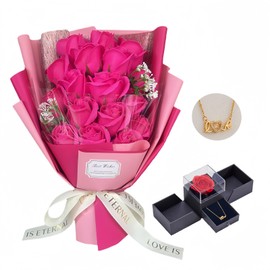 EIGHTOWN Roses Bouquet Artificial Flower - Preserved Red Rose Flowers with Love Necklace for Her - Unique Gifts Valentine's Day, Mother's Day, Thanksgiving, Birthday, Anniversary (512)