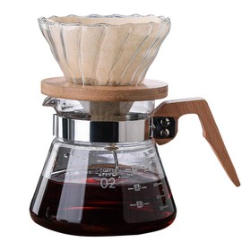 DUEBEL Pour Over Coffe Maker with Wooden Handle, 20oz High Borosilicate Glass Coffee Pot, Hand Drip Sharing Pot Filter Funnel Portable Coffee Maker Supplies with Base