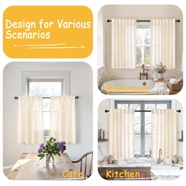 YoungsTex 40 Inch Length Linen Semi Sheer Curtains for Kitchen Cafe Window, Beige Cream Short Window Drapes Textured Light Filtering with Rod Pocket Back Tab for Bathroom, 2 Panels, 34 X 40 Inch