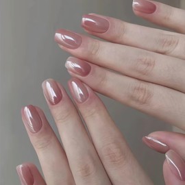 Chrome Press on Nails Short Square Fake Nails Pink Ombre Acrylic Nails with Glossy Shiny Glue on Nails Full Cover Gradient False Nail for Women and Girls Manicure Kit 15 Sizes 30 Pcs