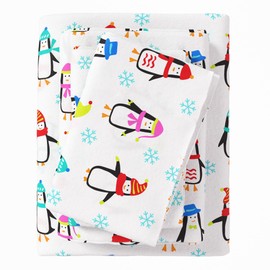 Great Bay Home Flannel Sheet Set King Size - 100% Turkish Cotton, Double-Brushed, Winter Bed Sheets - Ultra-Soft, Cozy, 4-Piece Rustic Bedding Set (Penguins)
