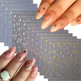 12 Sheets Sun Star Nail Art Stickers Silver Aurora Gold Moon Nail Stickers 3D Self-AdhesiveGlitter Rose Gold Silver Star Moon Nail Art Design for Women DIY Nail Decorations