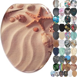 SANILO Wooden Toilet Seat with Soft Close [ELONGATED] - Decorative, Quiet & Slow Close Molded Wood Seat - With Strong Bumpers & Hinges - Adjustable Fit - Sanibel