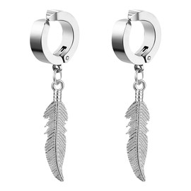 Flongo Fake Earrings without Hole: Women's Huggie Hoop Feather Earrings Black Gold Silver Hoop Earrings Without Ear Hole Feather Ear Clip Earrings Gothic Stainless Steel Viking Jewellery Gift Women