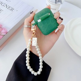 GARTOO Flower Engraved Case for Airpods 2nd Generation Case with Cleaner Kit, Stylish Silicone Skin Protective Cover with Luxury Pearl Keychain for Airpods 1st/2nd Gen Charging Case Daisy-Pine Green