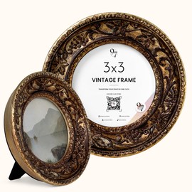 97 Decor Vintage Round Picture Frame 3x3 - Antique Gold Circle Frame 3x3, Small Circular Frames 3 X 3, Tiny Bronze 3x 3 Inch Frames With Glass Front For Tabletop Photo Display And Wall Hanging