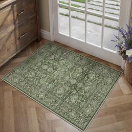 PureCozy Green Area Rug 2x3 Vintage Entryway Rug Non Slip Indoor Kitchen Washable Door Mat Living Room Carpet Tribal Distressed Rug Retro Accent Throw Rug for Office Dining Room Bathroom Faux Wool