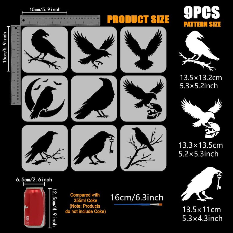 FINGERINSPIRE 9PCS Crow Painting Stencil with Paint Brush 15x15cm